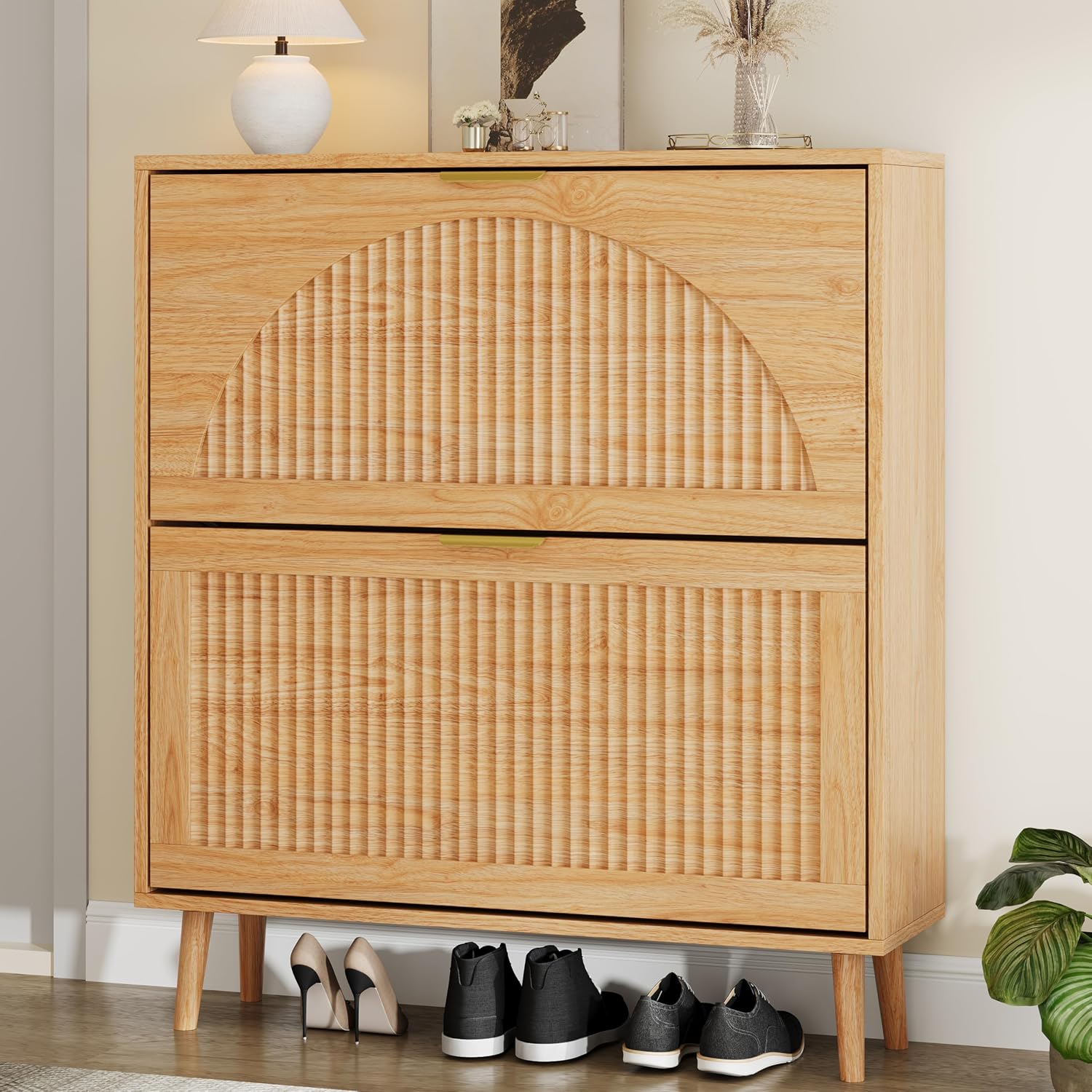Shoe Rack Cabinet Narrow Entryway - Wood Shoe Cabinet 2 Flip Drawers