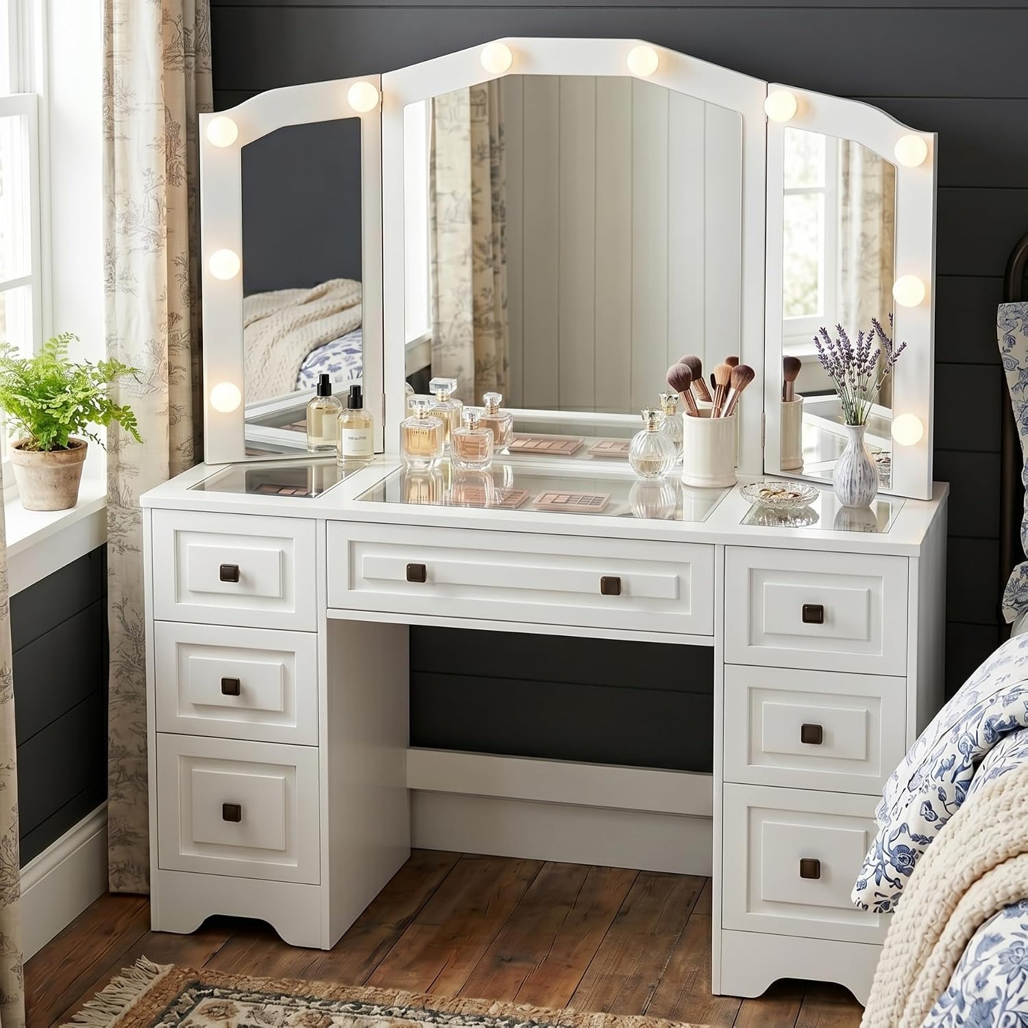 Dressing Table Vanity With Lighted Mirror - Lighted Vanity Desk, Tri-Fold Mirror, 5