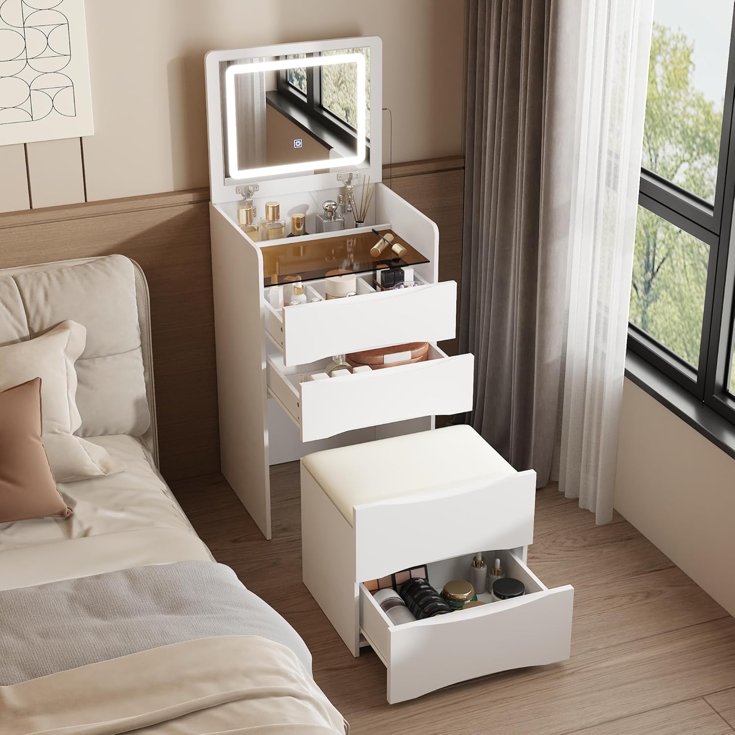 Dressing Table Vanity With Lighted Mirror - White Vanity Desk with Flip Top