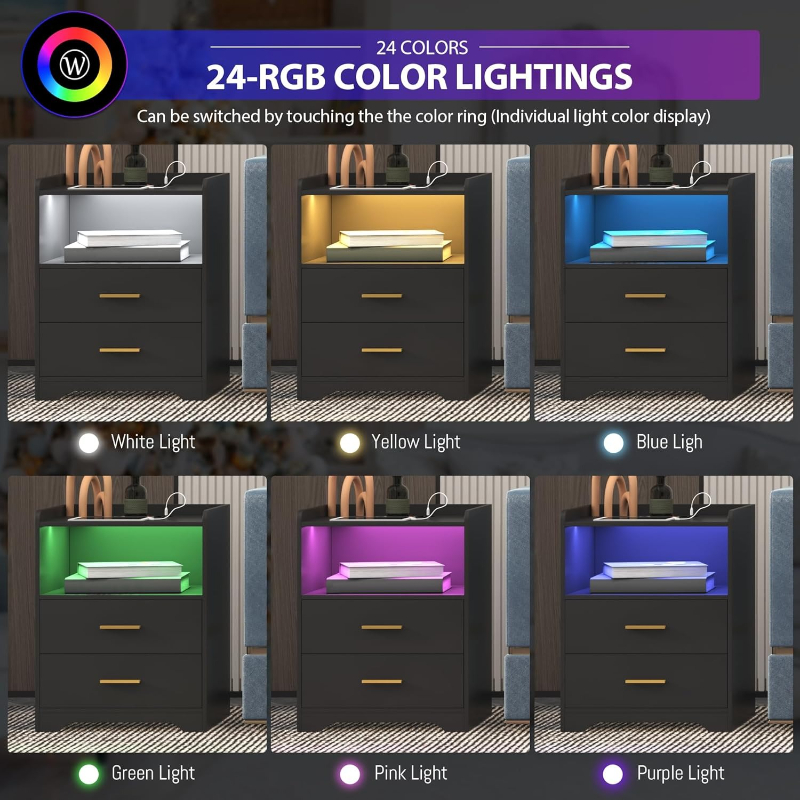 Black LED Nightstand with Char - Solid Wood Nightstand 2 Drawers review and price