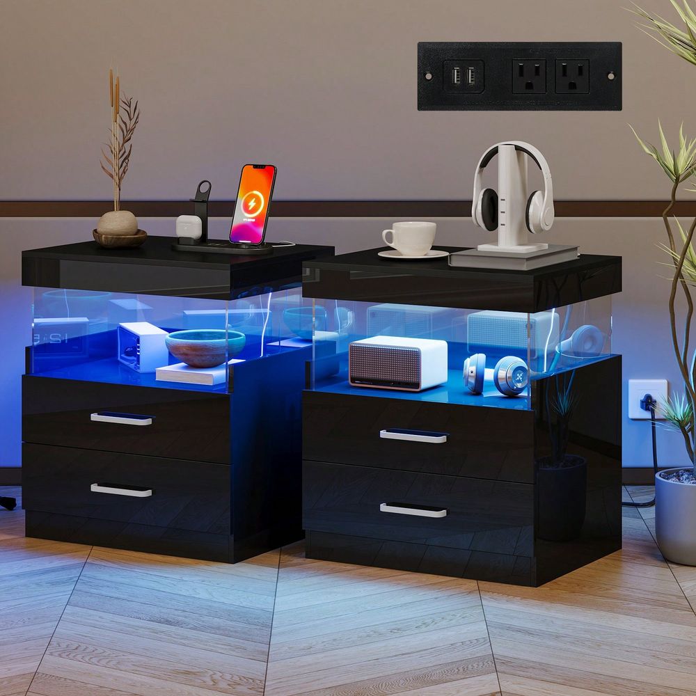 Black LED End Table Nightstand - Floating Nightstand With Led Light review and price